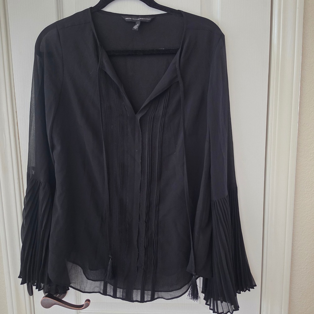 White House Black Market Black Pleated Bell Sleeve Tassel Tie Blouse Size 6